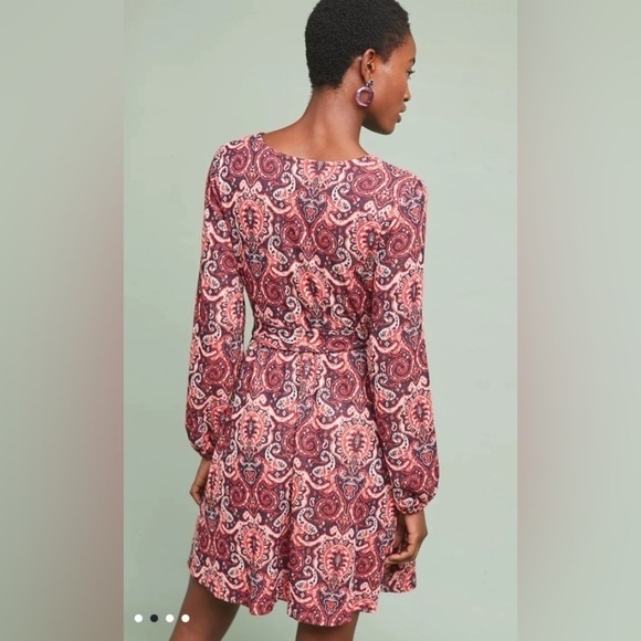 Anthropologie Maeve Pink Floral long sleeve Belted stretch knit dress size L - Picture 4 of 16